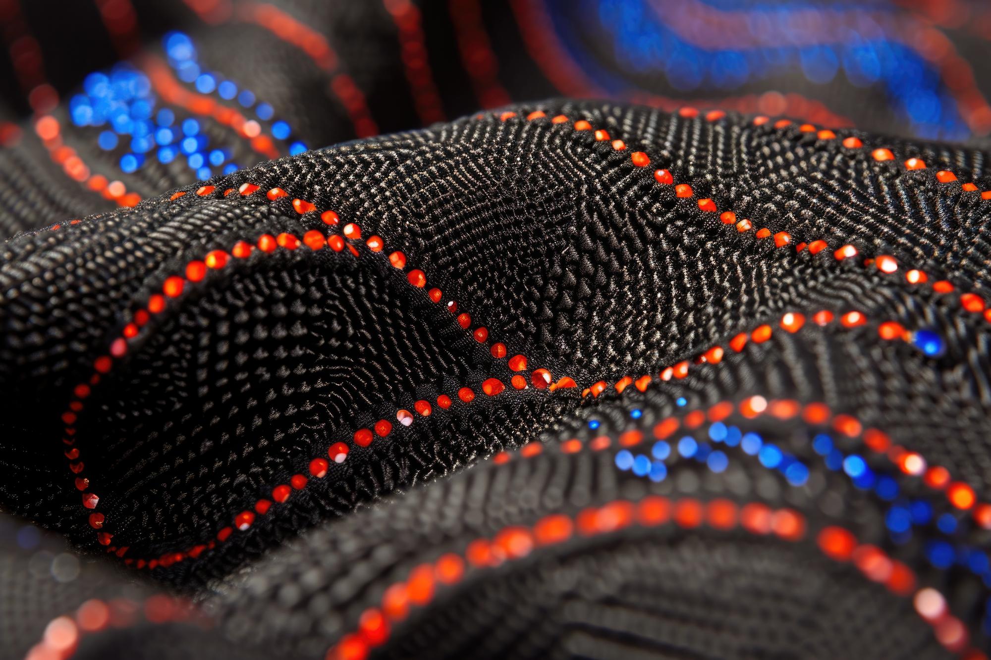 Close-up of embroidered techno pattern on fabric
